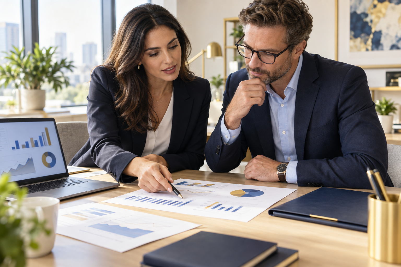 Illustratieve foto van een bespreking van een ondernemingsplan en financiële prognoses